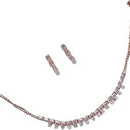 Stunning Rose Gold Plated American Diamonds Studded Minimal Style Necklace with Delciate Dangle Earrings for Women and Girls-image-52