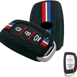 Keyzone® Striped Silicone Key Cover Compatible for i10 Grand, i20 Elite, i20 Active, Xcent, Verna 4s, Tucson, Elantra, Grand i10 Nios (3 Button Smart Key, Black)-picture-1