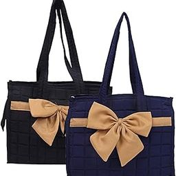 Kuber Industries Cotton 2 Pieces Women Hand Bag (Blue & Black) -CTKTC24610-22
