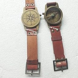 Line Wood Brass Sundial Compass Watch with Brown Leather Band, 5 cm Diameter, 360-Degree Rotating Bezel (Vintage Watch)-18