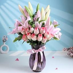 FlowerAura Fresh Live Flower Bouquet of 12 Roses & 4 Lilies In Glass Vase For Birthday Gift, Anniversary Gift, Wedding Gift, Congratulations Gift & Gift For Special Occasions (Same Day Delivery)-image-26