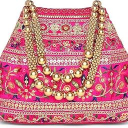 Rani Pink Floral Embroidery Potli Bag for Women Handmade Wristlet Handbag Stylish Purse Ethnic Fashion Bag for Girls-image-11