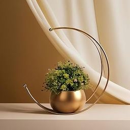 D&G Homes Geometric Metal Flower Vase | Crescent Moon Plant Stand | Golden Decorative Piece for Tabletop | Side Table | Living Room | Home Office | 9 Inches Height | Diwali Gift | Home Decoration-image-1