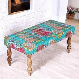 Ikiriya Bestone Solid Wood 2 Seater Bench Wooden Floral Print Green Kantha Upholestered Cushioned Couch Furniture for Home Living Room Dining Table - 36 x 18 x 16 Inch-image-44