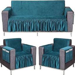 Gifts Island® Soft Velvet Quilted Frill 5 Seater Sofa Cover with Pocket Arms | Sofa Cover Mat | Non-Slip Couch Cover for Living Room | Pack of 3+1+1 Seater Sofa Cover | (Teal)-image-39