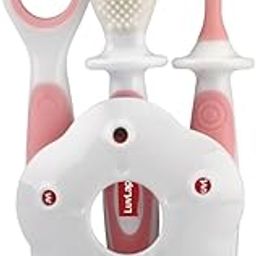 LuvLap Baby Training Manual Toothbrush Set with Anti Choking Shield, Teeth Tongue Cleaner, Baby Oral Hygiene, 3 Pcs, (White/Pink)-image-85