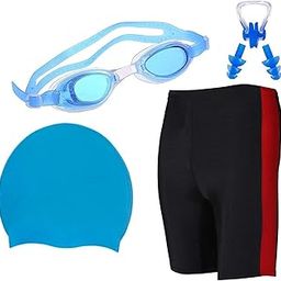 Swimming Combo Kit Regular Fit (28in to 34in) Goggles, Silicone Cap, 2Pc Ear Plugs, 1 Pc Nose Clip, Swimming Suit (Blue)-image-12