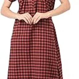 noty Women's- Nighty | Maxi | Gown | Nightdress | Nightwear- Cotton Fabric- Checks-Short Sleeves, U-Neck with Zip & Embroidery and Belt-picture-2