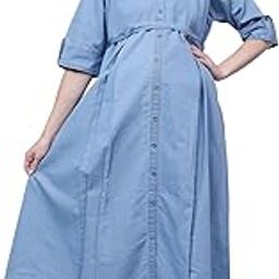 Women's Cotton Denim Mandarin Collared Maternity Dress Feeding Kurti with Zipper (1497-Light Blue_3XL)-image-29