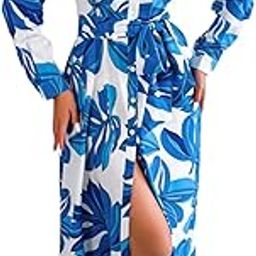 Women's Full Sleeve Collar Neck Western Dress - Floral Print Maxi Dress with Slit and Tie-Up Belt-image-3