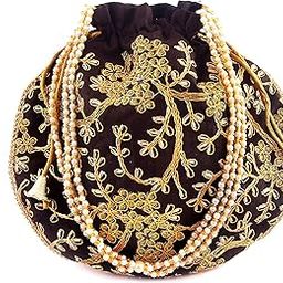 Indian Handicraft Women's Silk Ethnic Rajasthani Potli Bag , Black-image-43