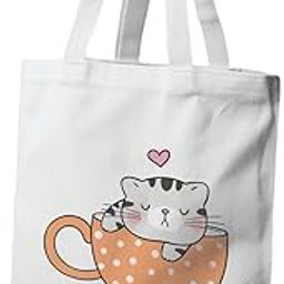 Cute Cat in Orange Polka Dot Cup Tote Bag Cat Printed for Women & Girls – Eco-Friendly Reusable Grocery, Gift or Book Bag,Polyester Canvas Tote Bag.-image-12