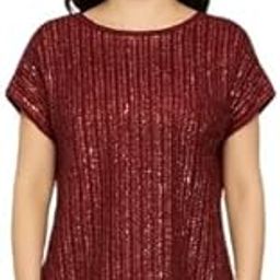 Sequined Party Top, Cap Sleeves, Maroon Shimmer, Casual-image-9
