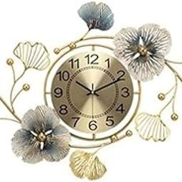 Y K Creations Metal Wall Clock with 3D Decorative Floral Art | Elegant Modern Style Golden Frame Clock with Blue & Gold Leaves Traditional Wall Art Timepiece-image-8