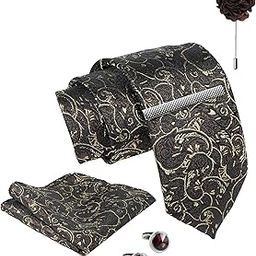 Tie for Men – Paisley Silk Neck Ties Set with Cufflinks Flower Pin, Pocket Square & Black Gift Box, Combo Necktie Sets for Office Wear, Formal Suits & Weddings (Choco Brown, NXPLX_176)-image-84