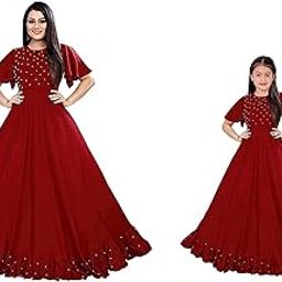 Ruffle Rayon Gown for Woman's and Kid combo4jstar (Woman(XXL Size)+Kids(7-8 Years), Maroon)-26