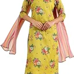w for woman Celery Green Floral Printed Sequined Kota Straight Kurta, Slim Pants and Dupatta Set-picture-37