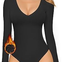 Women's Deep V Neck Short Sleeve Bodysuit, C Long Sleeve Black (Fleece Lining), Small, C Long Sleeve Black (Fleece Lining), S-image-43