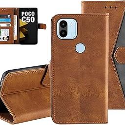 AUTO FOCUS Faux Leather Back Case Flip Cover for Poco C50 with ID Card Slot | Foldable Stand | 2 ID Card Slot | 1 Cash Slot - Executive Brown, 21523-12