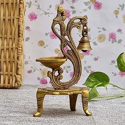 Jaszz Art Brass Peacock Diya (11 inches and 700g) Ethnic Design Handmade Curved Oil Wick Antique Deepak Lamp for Home Decor Temple Puja Office Counter Diwali Decoration Festival Gift (Light)-image-27