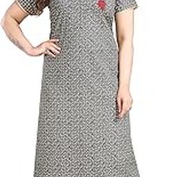 Women's Cotton Printed Embroidered Maxi Dress Short Sleeve Full Length Nighty (Grey, Free Size)-picture-16