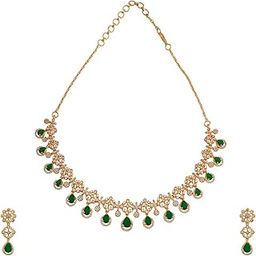 Fashion Jewellery Green Gold Polished Zircon Necklace Set With Hanging Earrings & Adjustable Chain | Best For Gifting & Special Occasion | Jewellery Set For women - 433238-image-95