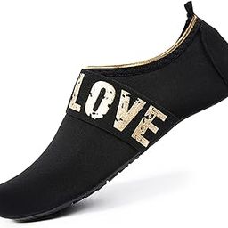 Womens and Mens Kids Water Shoes Barefoot Quick-Dry Aqua Socks for Beach Swim Surf Yoga Exercise (Gold Love/Black, M)-image-69
