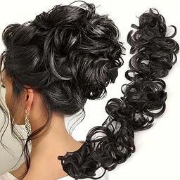 DELORUS Messy Curly Hair Bun Extension, Black, Synthetic Updo Hairpiece for Women (Black)-image-58