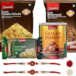 Chheda's Bhaiyya Rakhi with Roli & Chawal - Raksha Bandhan Gift Combo - Gulabjamun, Elaichi Soan Papdi, Farali Chivda, Mini Bhakarwadi - Sweets & Namkeen Gift Hamper - Rakhi for Brother-image-26