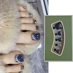 S.A.V.I 24 PCs Cat's Eye Toe Nails | Bluish-Grey with Rhinestones | DIY False Toenail Set | Natural Shape, Stylish & Comfortable | Perfect for Indian Festive Looks | Easy Application Nail Art Kit-picture-7