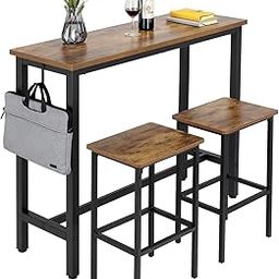 Priti 47" Industrial Bar Table Set with 2 Stools - Counter Height Dining & Pub Table for Small Spaces, Kitchen, Apartment, Breakfast Nook - Metal & Wood, Space-Saving Furniture - Rustic Brown-1