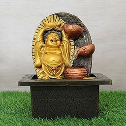 Mahganya Polyresin Table Top Yellow BrownColor Indoor Waterfall Fountain for Home Decor with Yellow LED Lights & Water Flow Controller Pump (Size: 20x 12x 12CM)-image-57