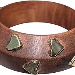 Handmade Wooden Bangle, Brown with Golden Brass Heart Studs, Traditional Contemporary Design-image-95