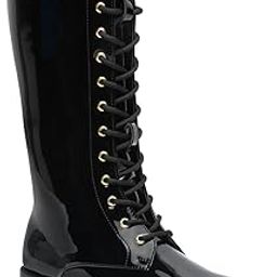 Women's Laceup Patent Leather side zippper Round Toes Calf Length Comfort Boots-image-2