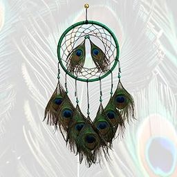 THE URBAN CRAFTIQUE Wooden Peacock Feather Dream Catcher, Green with Beaded Design, Traditional Wall Hanging Decor Positive Energy Decorative,Wall, Bedroom, Living Room Decor(21/45 cm) Green-image-7