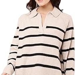 Women's Polyester Full Sleeve with V-Neck Striped Black Baggy Sweater-image-87