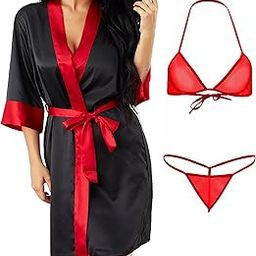 Women's Satin Robe Lingerie Set, V-Neck Satin Robe with Bikini Bra and Panty Set-image-95