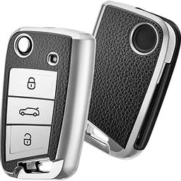 JVCV® Premium Soft TPU Leather Pattern Key Cover Compatible with Skoda Kylaq Slavia Kushaq Taigun Tiguan Virtus Octavia Kodiaq Superb Folding Key (Silver)-picture-8