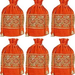 Kuber Industries Embroidered Design Potli Bags Handbags for Women Gifting Wristlets for Wedding, Festival, Kitty Subh Shagun-Pack of 6 (Orange)-image-12
