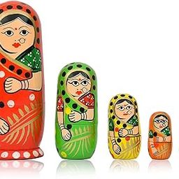 Pramod Toys Handmade Indian Wooden Toys Nesting Doll Stacking Dolls Russian Matryoshka Doll Handicraft Items for Home Decor- Set of 5 Piece (Lady in Multi-Color Saree) (5 Color)-32