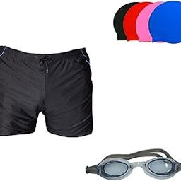 SWIMMING SHORTS V-619 BLACK SKY PIPING SIZE 3XL WITH GOGGLES SILICONE IS-1600 WITH POUCH BLUE AND 100% SILICONE SWIMMING CAP PLAIN PINK-image-67