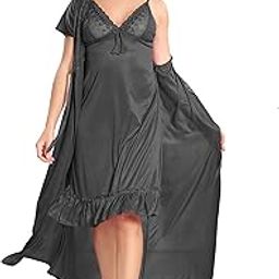 Women's Satin Solid Maxi Length Nighty with Robe (Free Size) (Pack of 2)-25