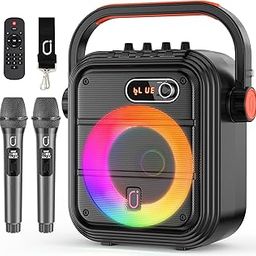 Karaoke Machine with 2 Wireless Microphones, RGB Light PA System with Treble/Bass, Bluetooth Speaker Supports Live Broadcast/Monitoring/Sound Effects, Suitable for Adults/Kids, 66PRO-35