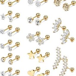 14 Pairs Stainless Steel Ear Cartilage Piercing Earrings Helix Tragus Barbell for Women Men Moon Star Heart Flower CZ Stackable Cartilage Earrings Set Silver-tone Rose Gold-tone Rose Gold-tone-image-45