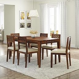NISHANT HANDICRAFT Sheesham Wood CNC 6 Seater Dining Table with 6 Cushion Top Chairs | Wooden Dining Room Set Dinner Table Furniture for Living Room Home Hotels - (Honey)-12
