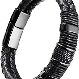 m men style Black Leather Bracelet Silver Plated Stainless Steel Metal Stylish Design Fashion Jewellery for Men & Boys-picture-5