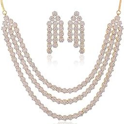 American Diamond Rose Gold Plated Traditional Three Layer Necklace Set with Earring for Women/Girls RV4162-image-56