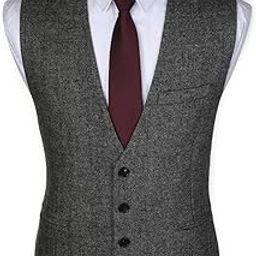 3Pockets 4Buttons Wool Herringbone / Tweed Business Suit Vest (XXXL, Tweed Black)-picture-31