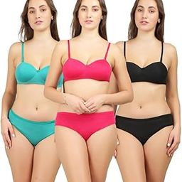 Women's Cotton Lightly Padded Wire Free Bra Panty Lingerie Set Honeymoon|Everyday T Shirt Bra Panty Set for Girl's Combo Pack of 3 (Pink,Green,Black| 30B)-picture-19