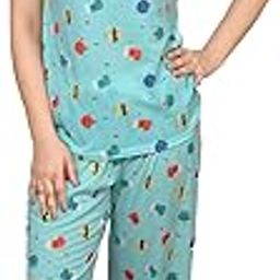 Women's Pajama Set, Short Sleeve T-Shirt and Long Pants, Mint Green with Cute Print Pattern-image-93